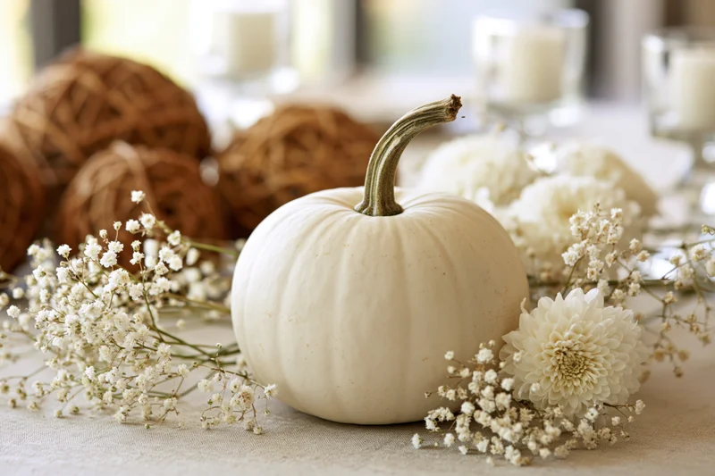 White pumpkin centerpiece surrounded by baby's breath and chrysanthemums on a linen tablecloth with woven baskets and candles in the background