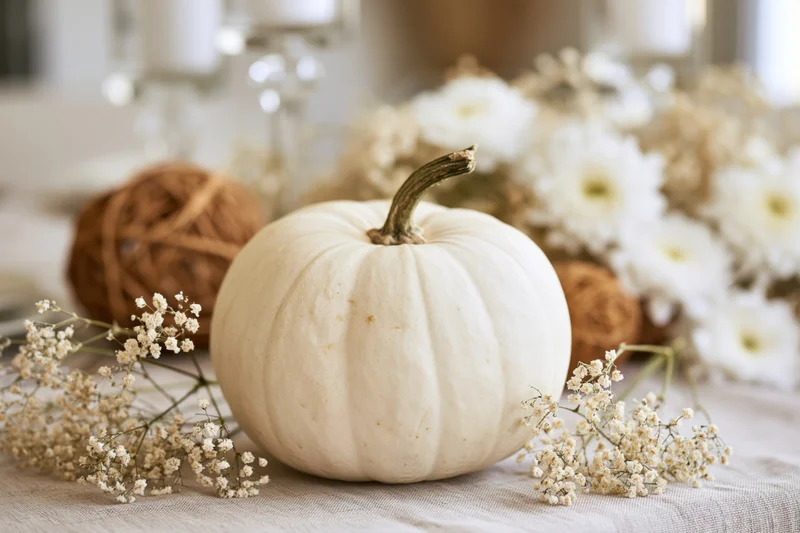 White pumpkin centered on linen table surrounded by baby's breath and daisies with wicker balls and candle holders in soft focus background