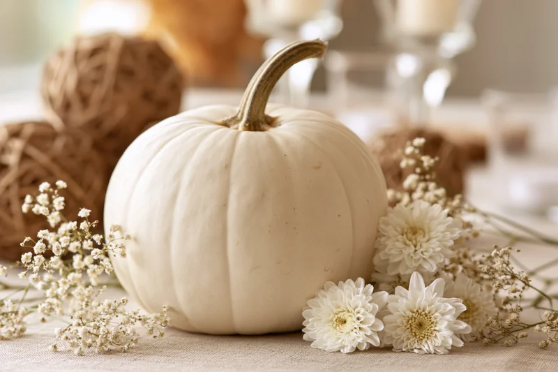 White pumpkin centerpiece with white flowers and wicker balls on a linen tablecloth