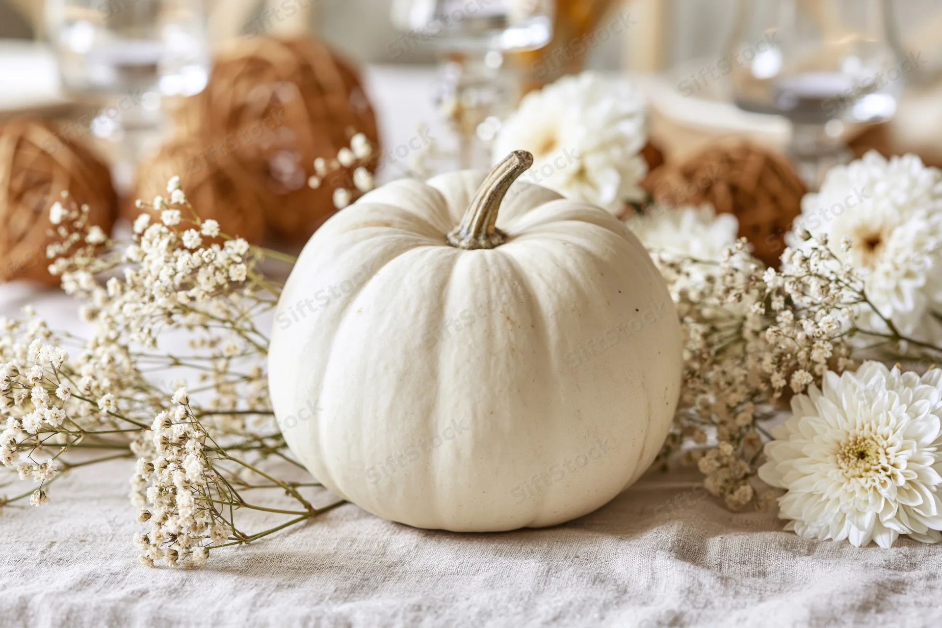 White pumpkin centered on linen table surrounded by white flowers and rustic decor