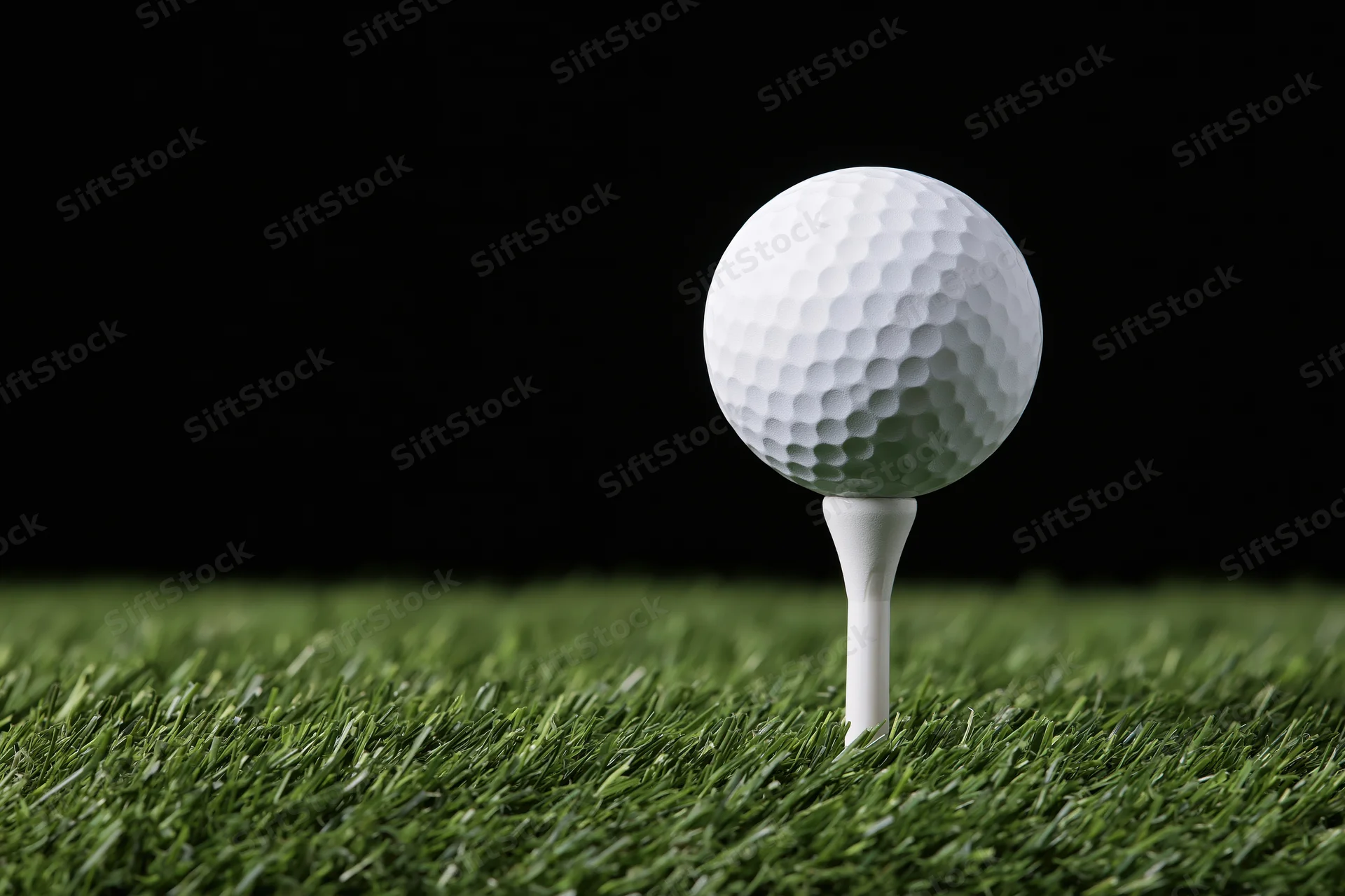 White golf ball on a white plastic tee set in green grass against black background
