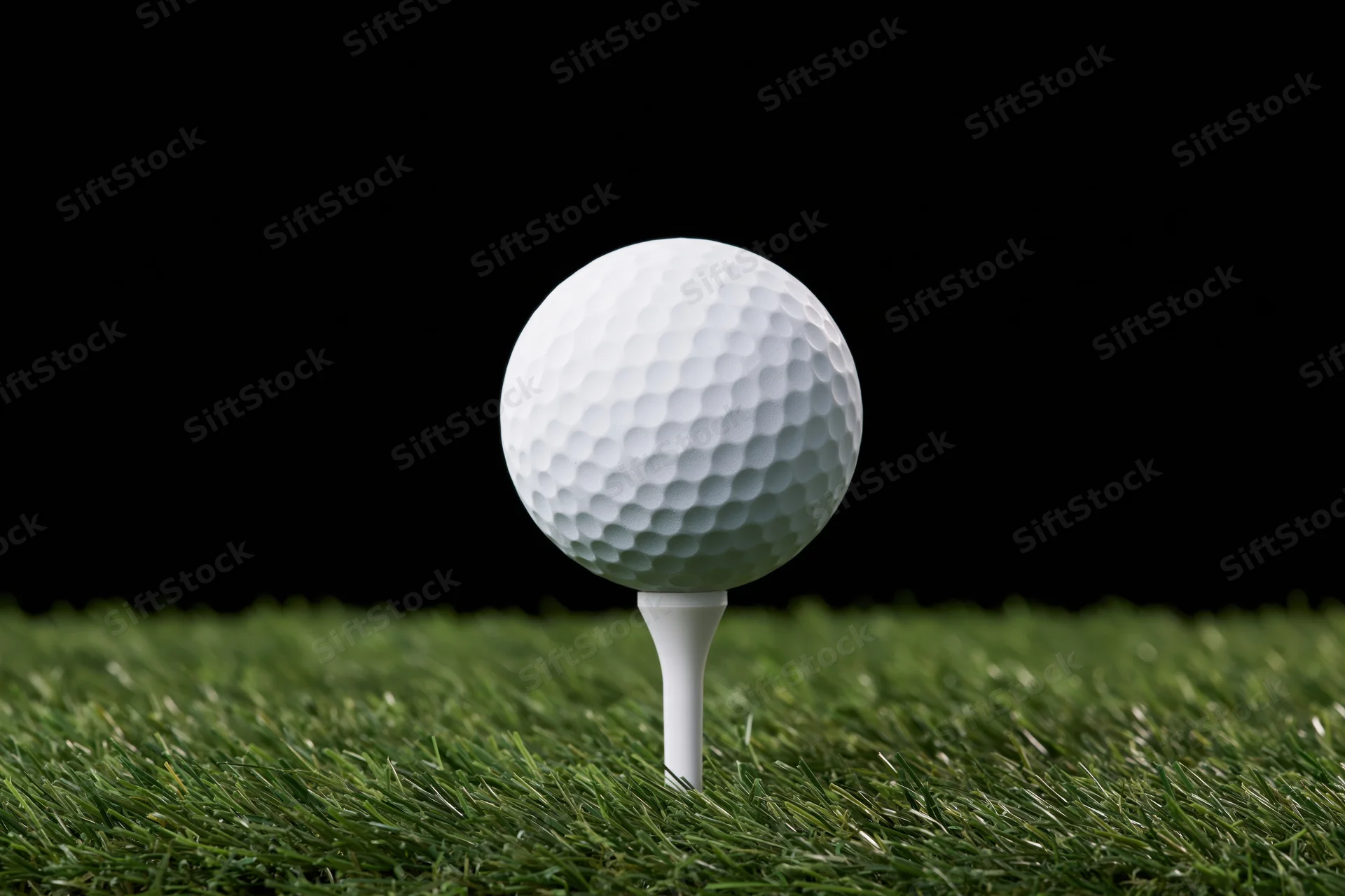 White golf ball on a white plastic tee resting on green grass against black background