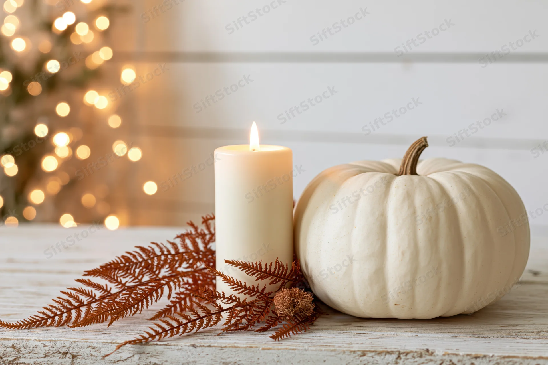 White heirloom pumpkin beside a lit cream candle with dried ferns on a rustic wooden table