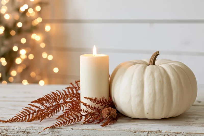 White heirloom pumpkin beside a lit cream candle with dried ferns on a rustic wooden table