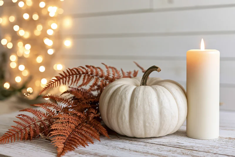 White heirloom pumpkin beside a lit cream candle with dried ferns on a wooden surface, warm lights in background