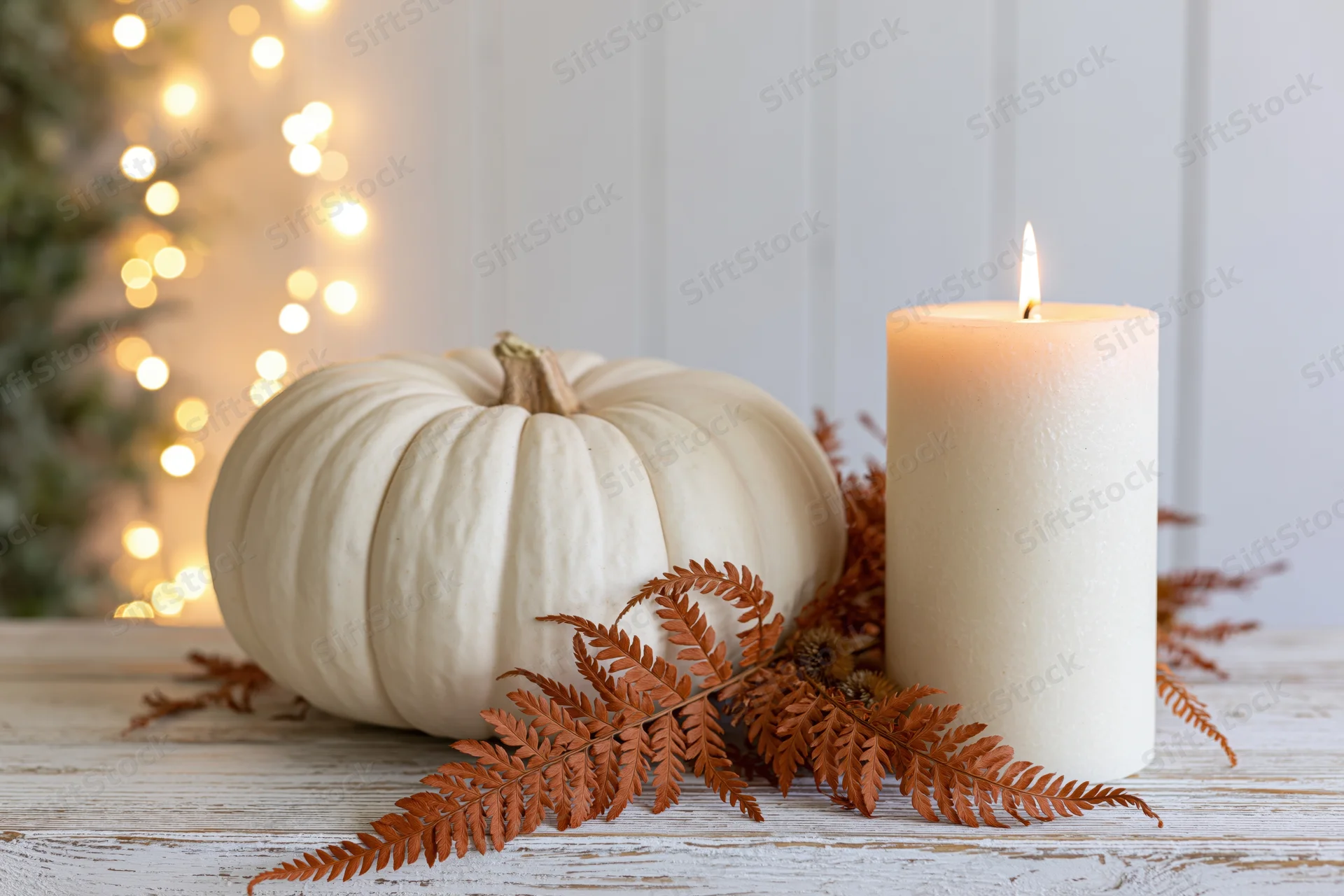White heirloom pumpkin beside a lit cream candle with dried ferns on a rustic wooden table
