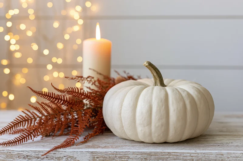 White pumpkin and lit cream candle with dried fern on wooden table against glowing bokeh lights