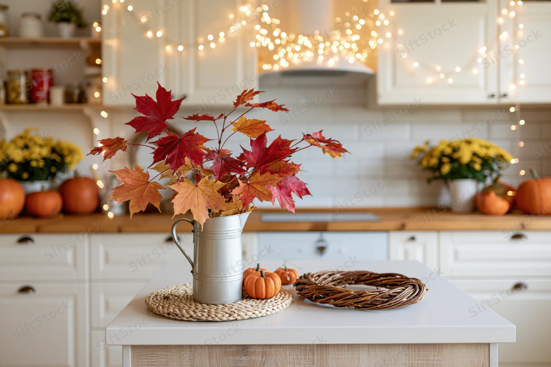 Autumn decorations on kitchen island with maple leaves in metal pitcher and pumpkins nearby