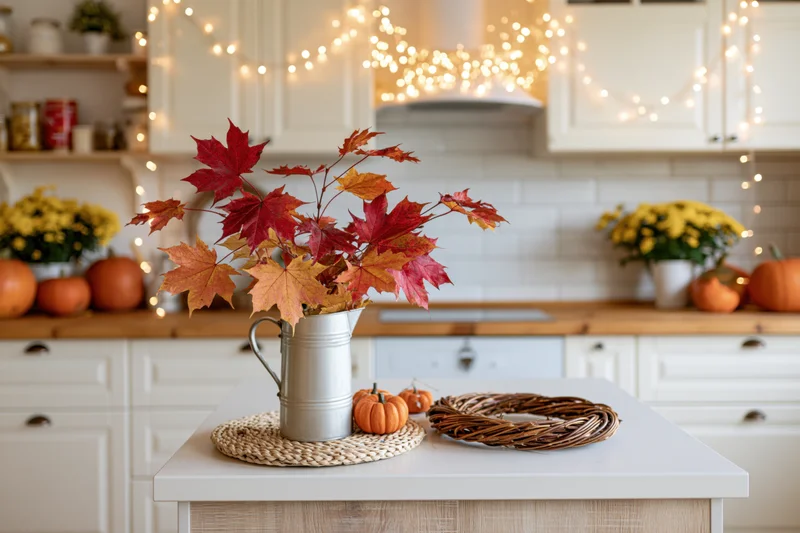 Autumn decorations on kitchen island with maple leaves in metal pitcher and pumpkins nearby