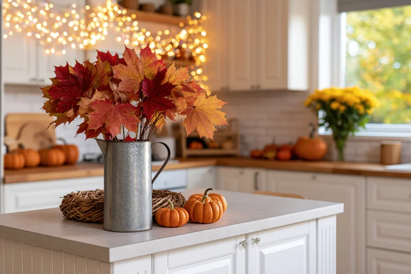 Autumn leaves in a metal pitcher on a kitchen countertop with pumpkins and string lights in the background