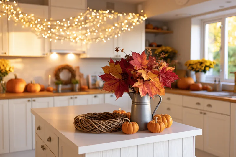 Autumn decorations on kitchen island with metal pitcher, pumpkins and leaves
