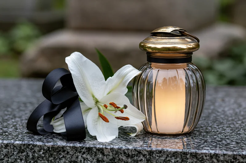 White lily with black ribbon and lit glass jar candle on granite tombstone