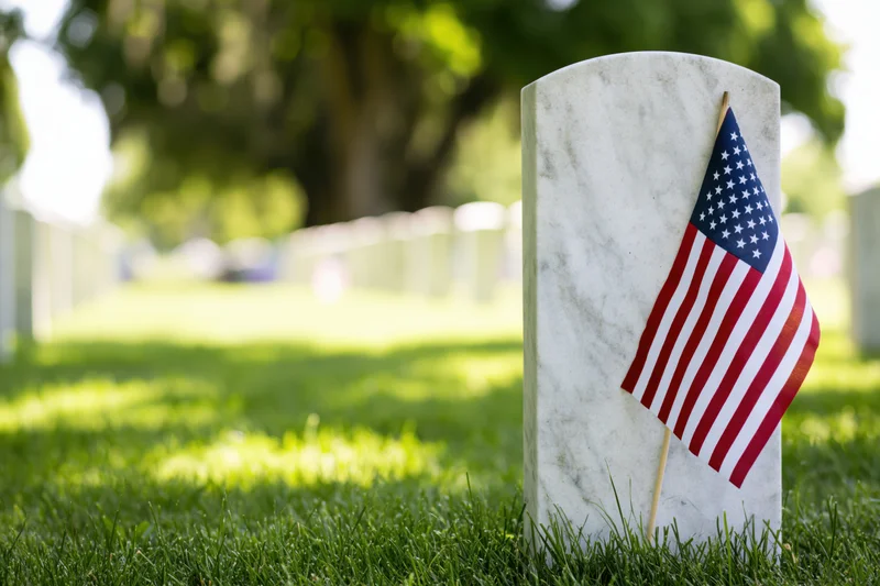 American flag placed on white marble headstone in grassy veterans cemetery