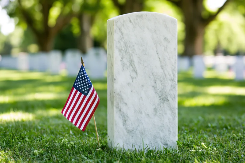 White marble military headstone with small american flag in grassy cemetery