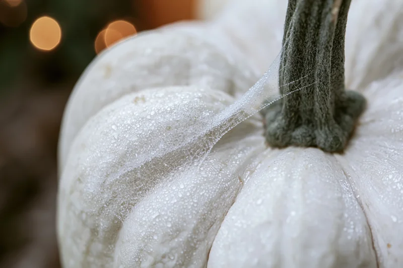 Closeup of a white pumpkin with dew droplets on its surface and stem, set against blurred warm lights in the background