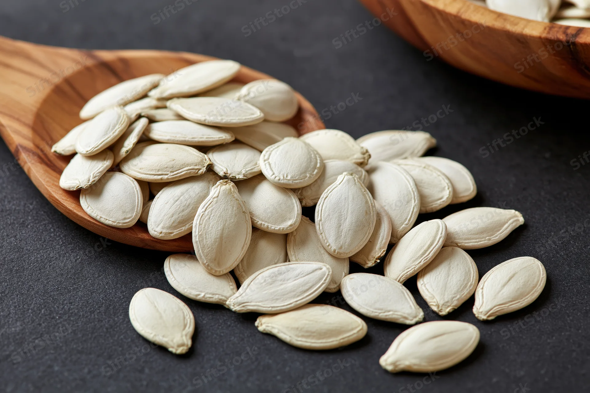 White pumpkin seeds spilling from a wooden spoon onto a dark surface
