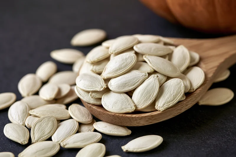 White pumpkin seeds spilling from a wooden spoon onto a dark surface