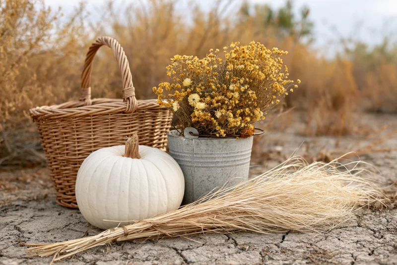 White pumpkin beside wicker basket and tin bucket with dried flowers on cracked earth in a dry field