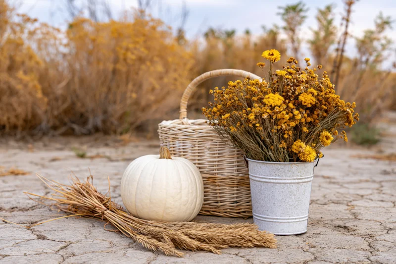 White pumpkin, wicker basket and galvanized bucket with dried flowers and wheat on cracked earth in a dry field