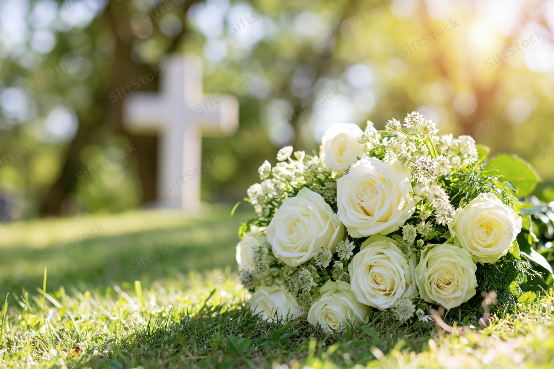 White rose bouquet resting on green cemetery grass near a grave cross