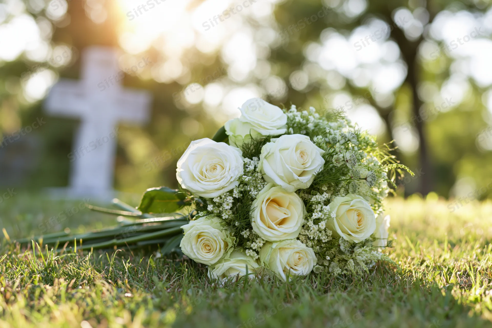 White rose bouquet resting on green cemetery grass near grave cross