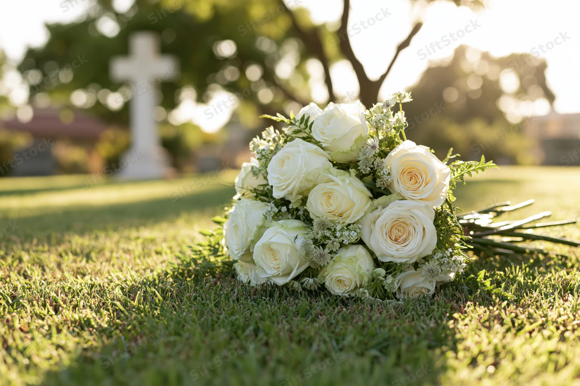 White rose bouquet resting on green cemetery grass with cross in background