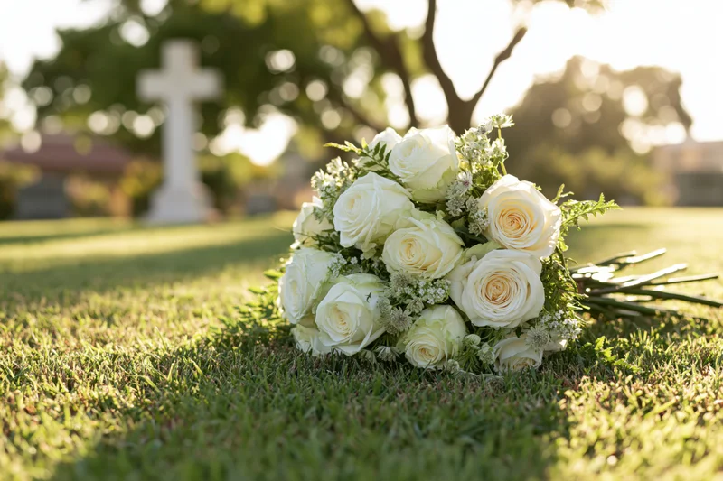 White rose bouquet resting on green cemetery grass with cross in background