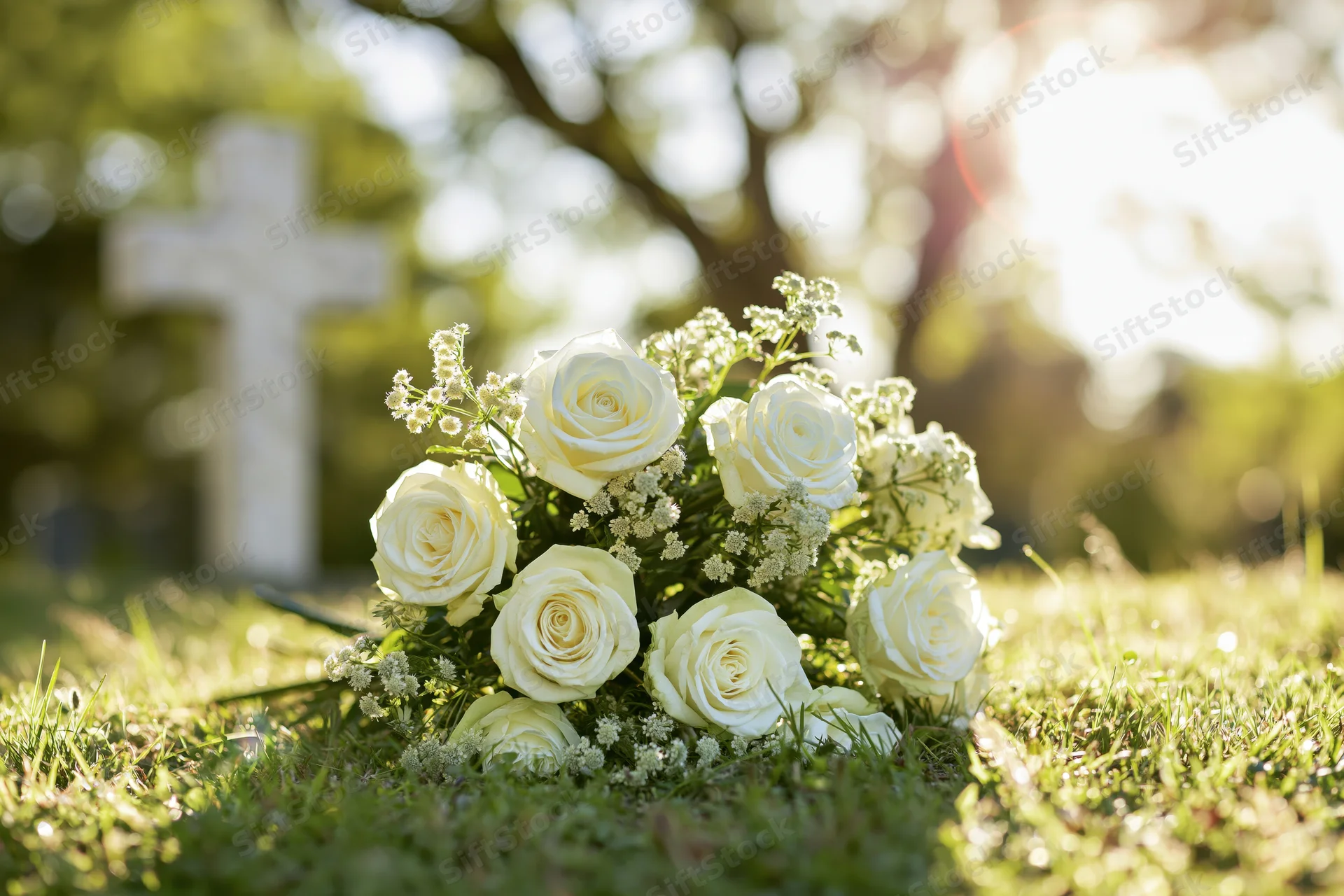 White rose bouquet resting on green cemetery grass near a cross