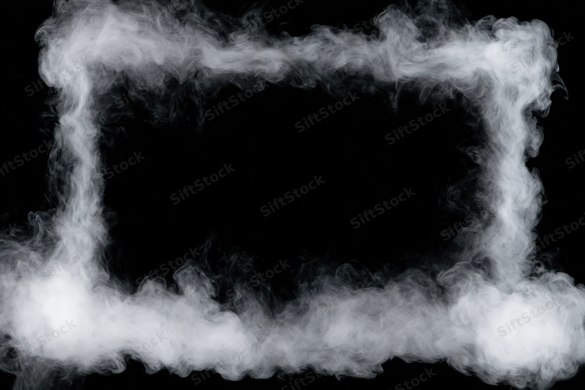 White smoke forming a rectangular frame against a black background with copyspace inside
