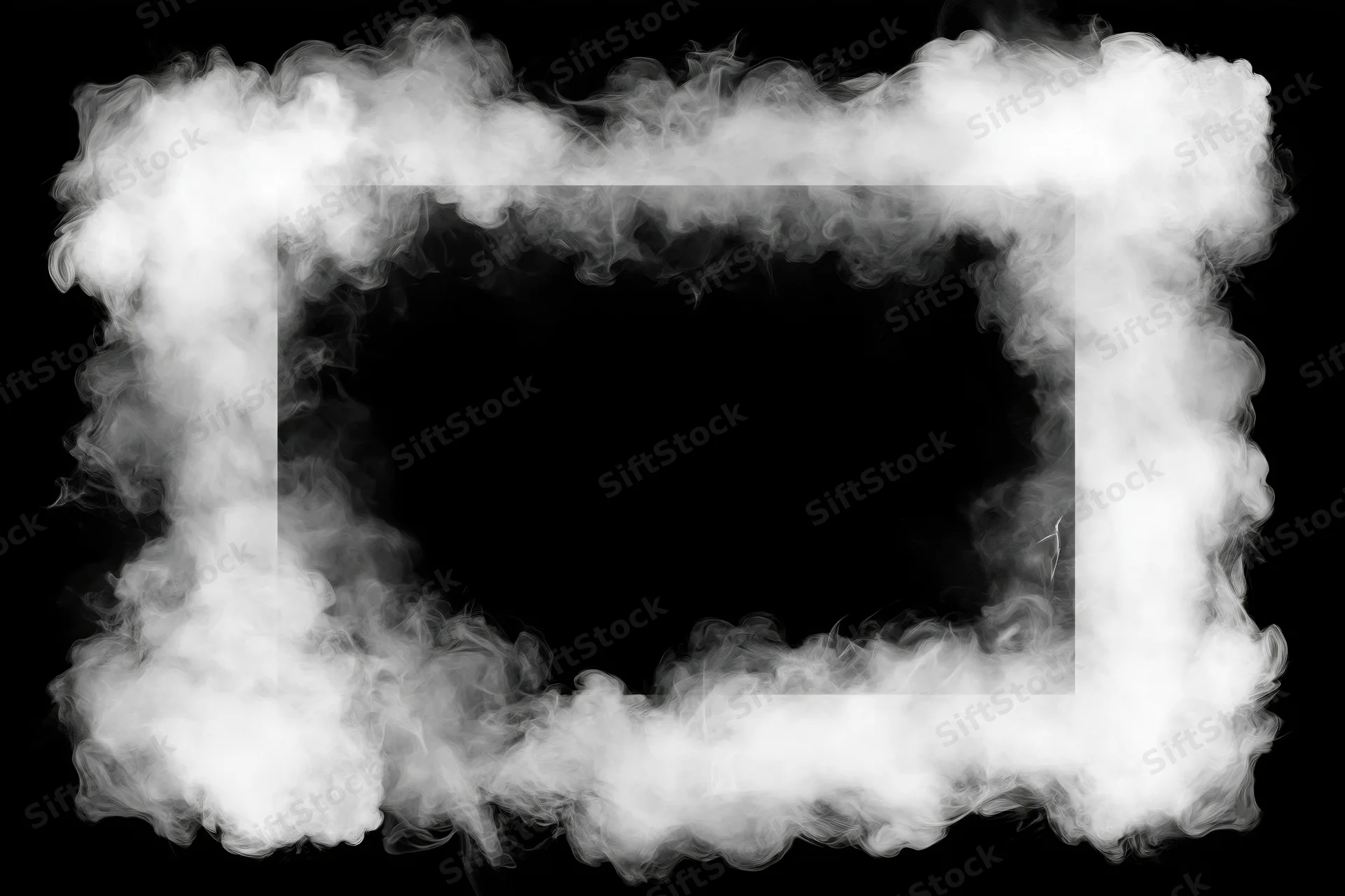 White smoke forming a rectangular border against black background with central copyspace