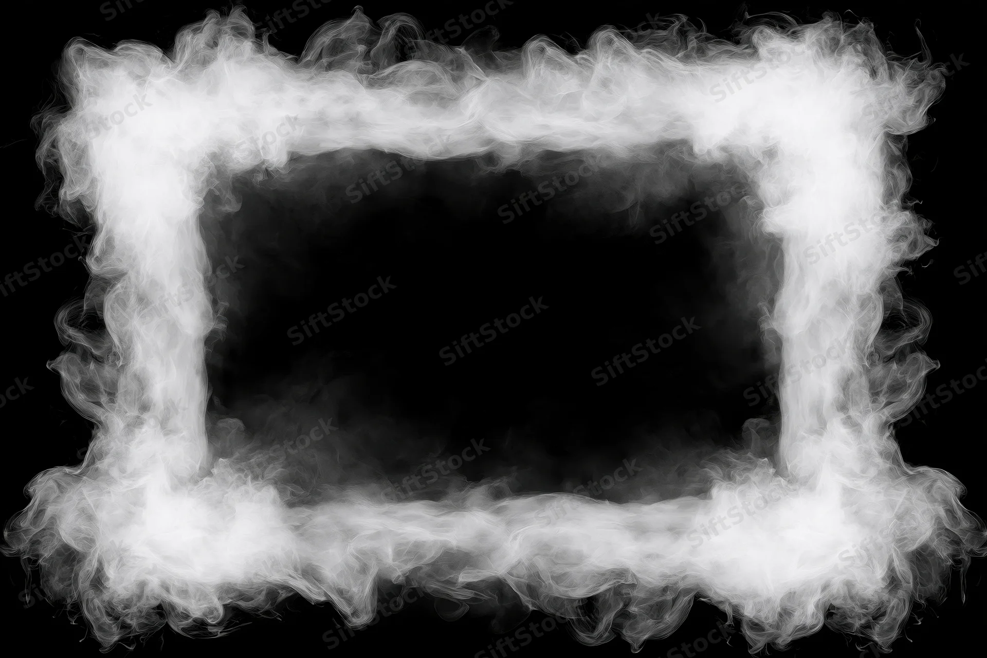 White smoke forming a rectangular frame on black background with central copyspace