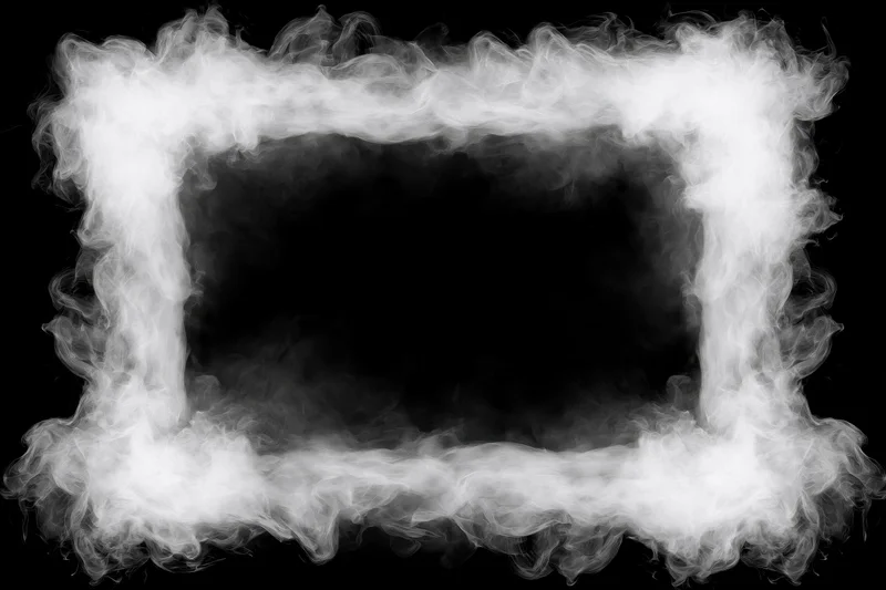 White smoke forming a rectangular frame on black background with central copyspace