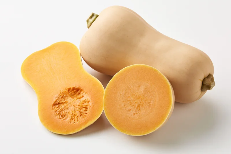 Whole butternut squash with two cross-section slices on white background