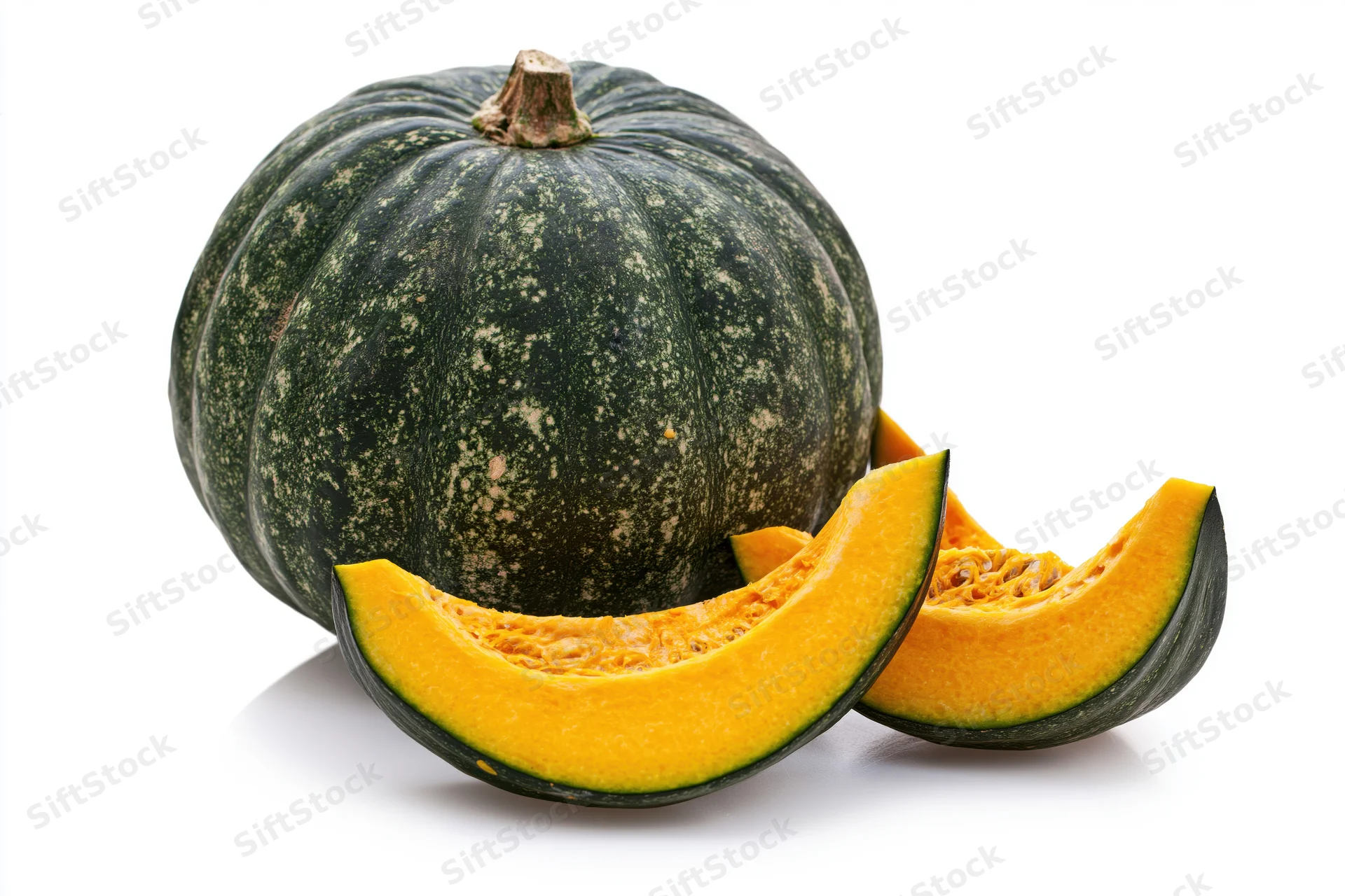 Whole kabocha squash with two curved slices cut and arranged beside it on a white surface