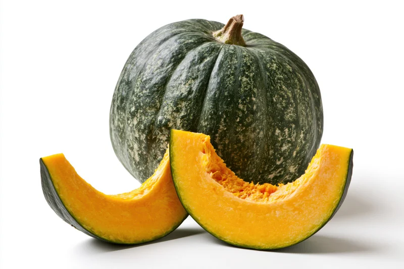 Whole kabocha squash with two curved slices cut and arranged on white background
