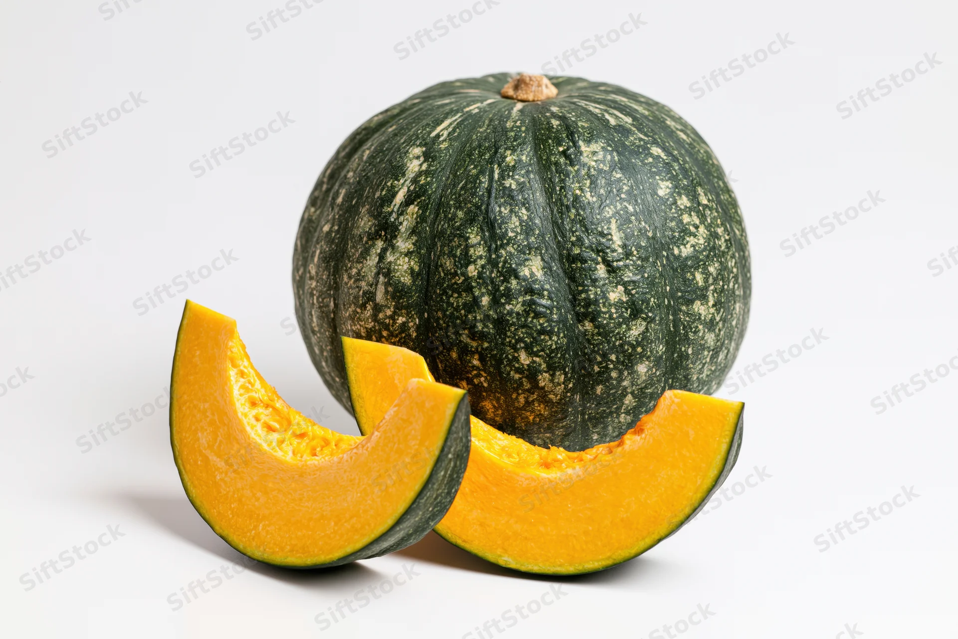 Whole kabocha squash with two curved slices cut and arranged on white background