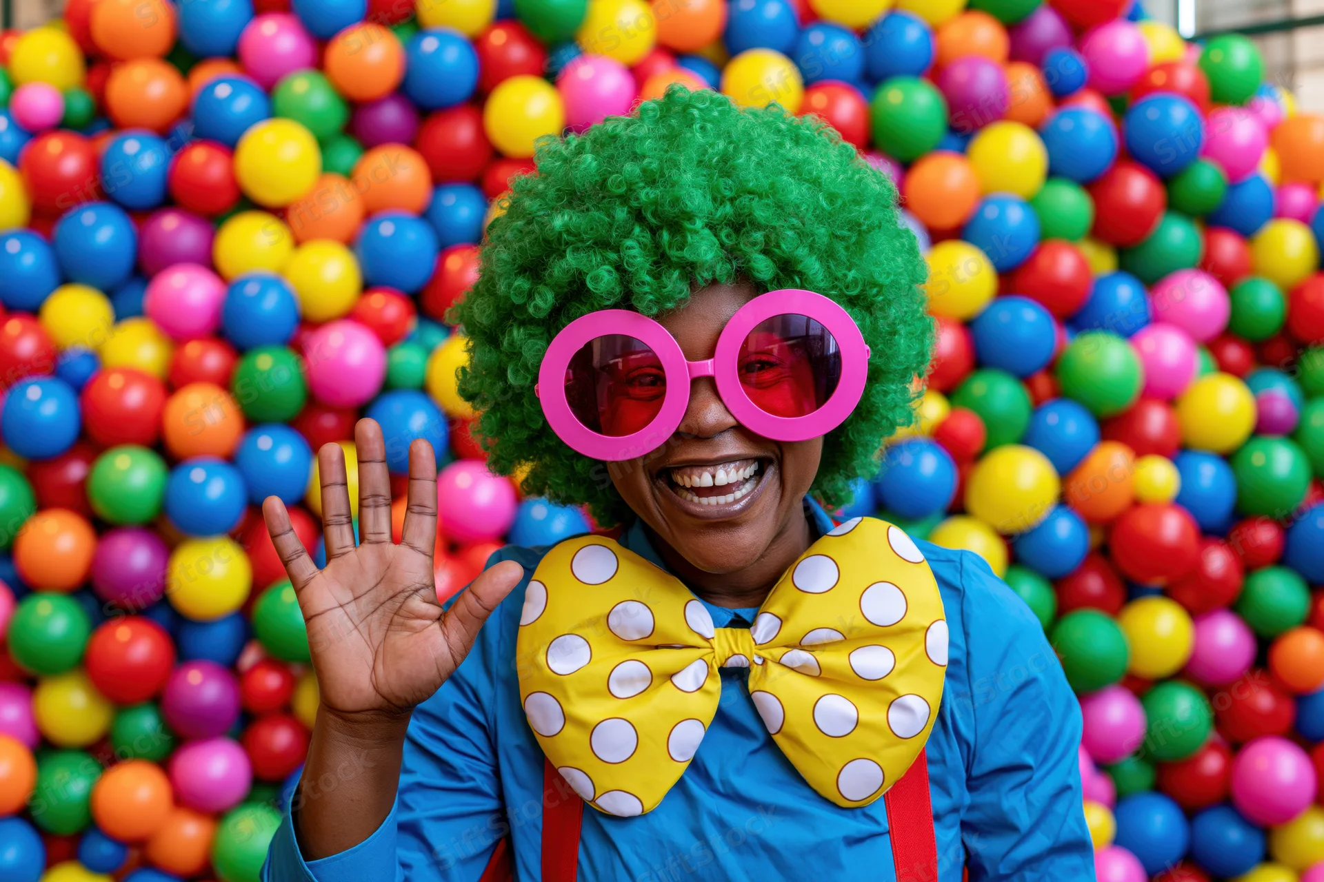 Woman dressed as clown smiling and waving in front of colorful balloon wall