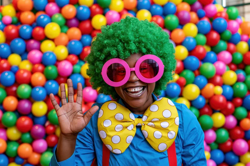 Woman dressed as clown smiling and waving in front of colorful balloon wall