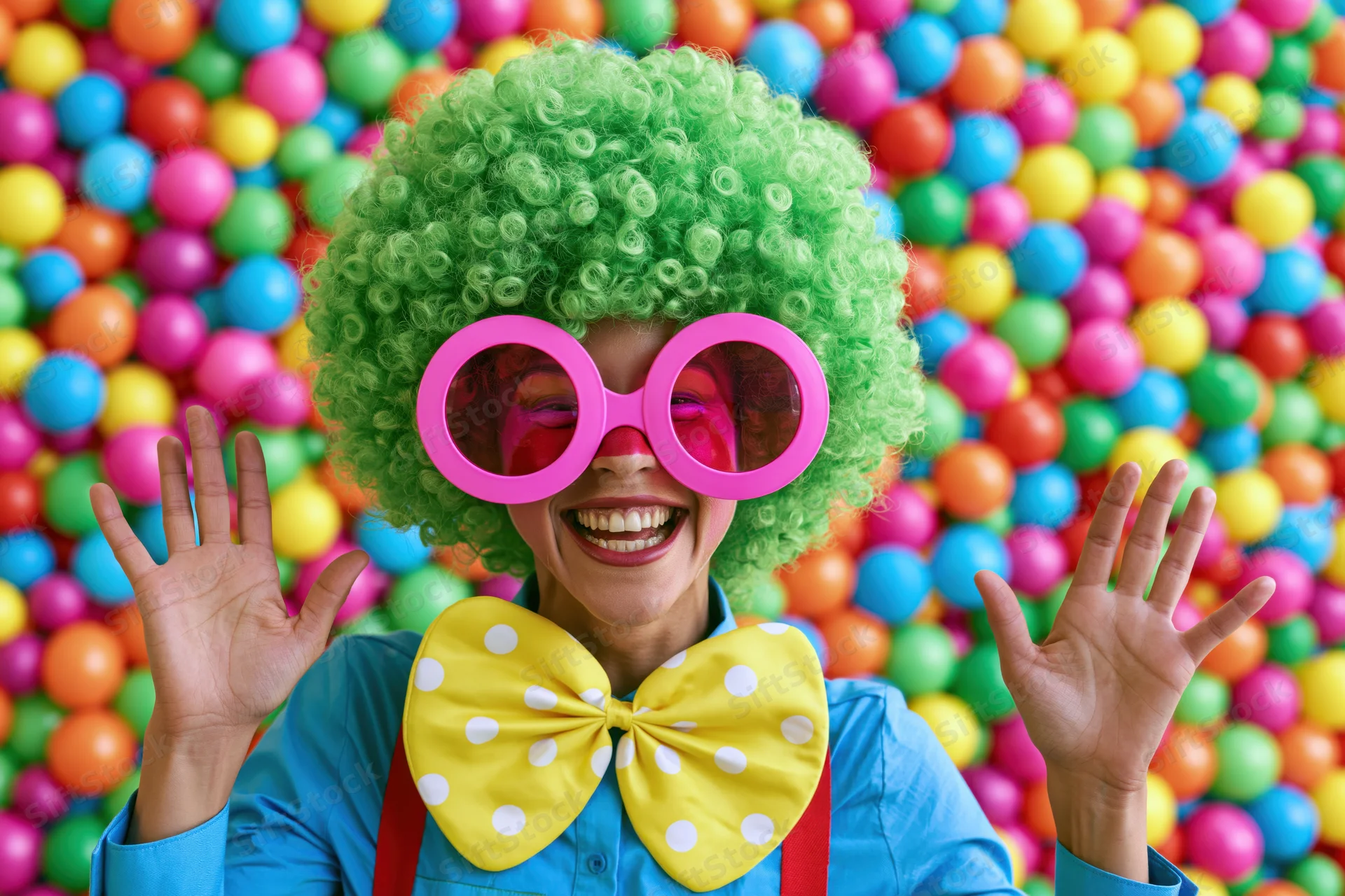 Woman dressed as clown smiling and waving with green wig and pink glasses in front of colorful balloon wall