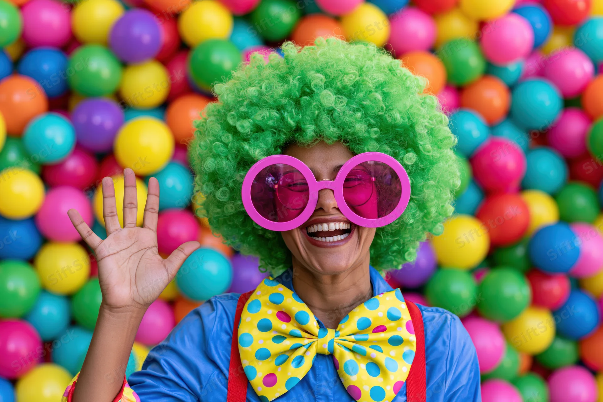 Woman dressed as clown waving with green wig and pink sunglasses in front of colorful balloons