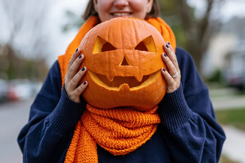 Woman holding carved jack-o-lantern with both hands outdoors in autumn, wearing orange scarf and navy sweater