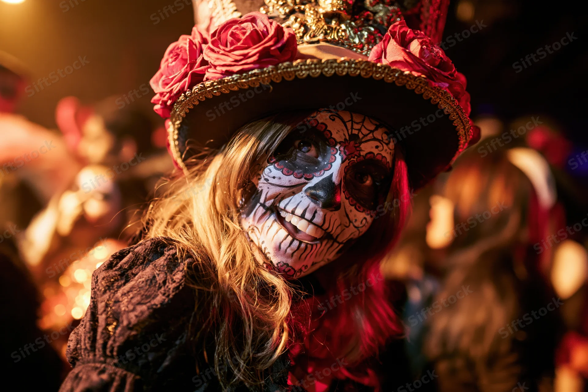 Woman with sugar skull face paint and decorative hat at a Day of the Dead celebration