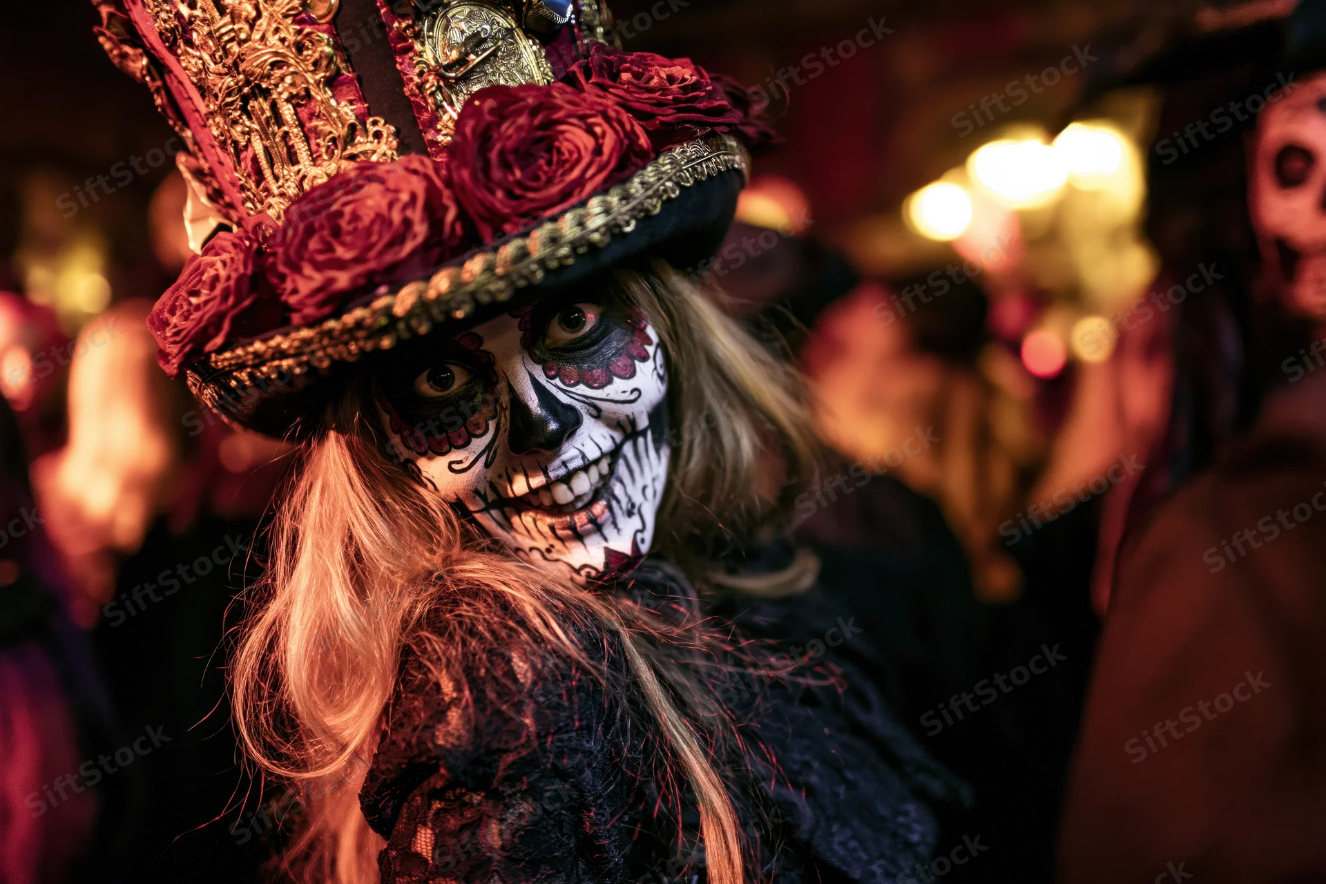 Woman with sugar skull face paint and decorative hat at a festive gathering