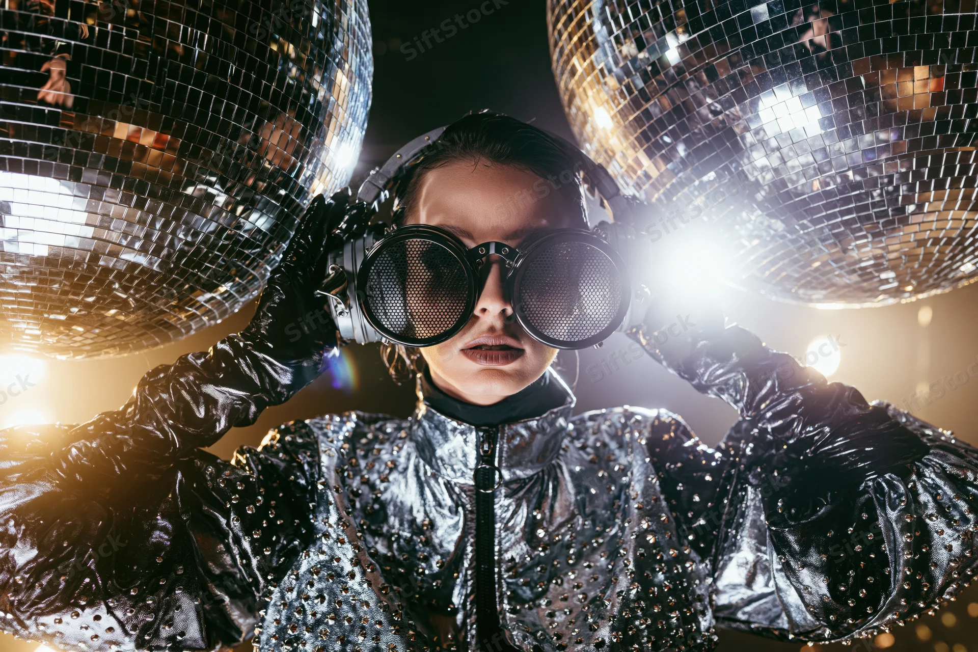 Woman in silver studded jacket and opera gloves holding goggles under disco balls at a party