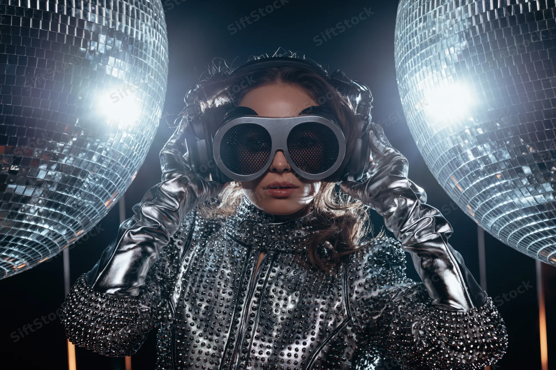 Woman in silver studded jacket and shiny opera gloves adjusting headphones under disco balls on stage