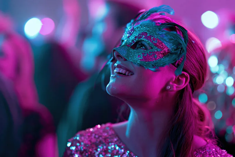 Woman wearing glittery teal and pink masquerade mask at a festive party with colorful lights