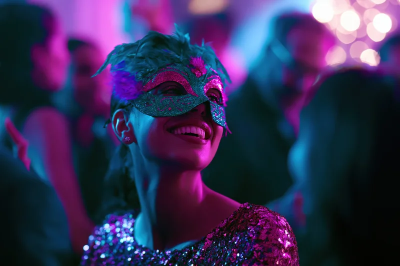 Woman wearing glittery teal and pink masquerade mask smiling at party