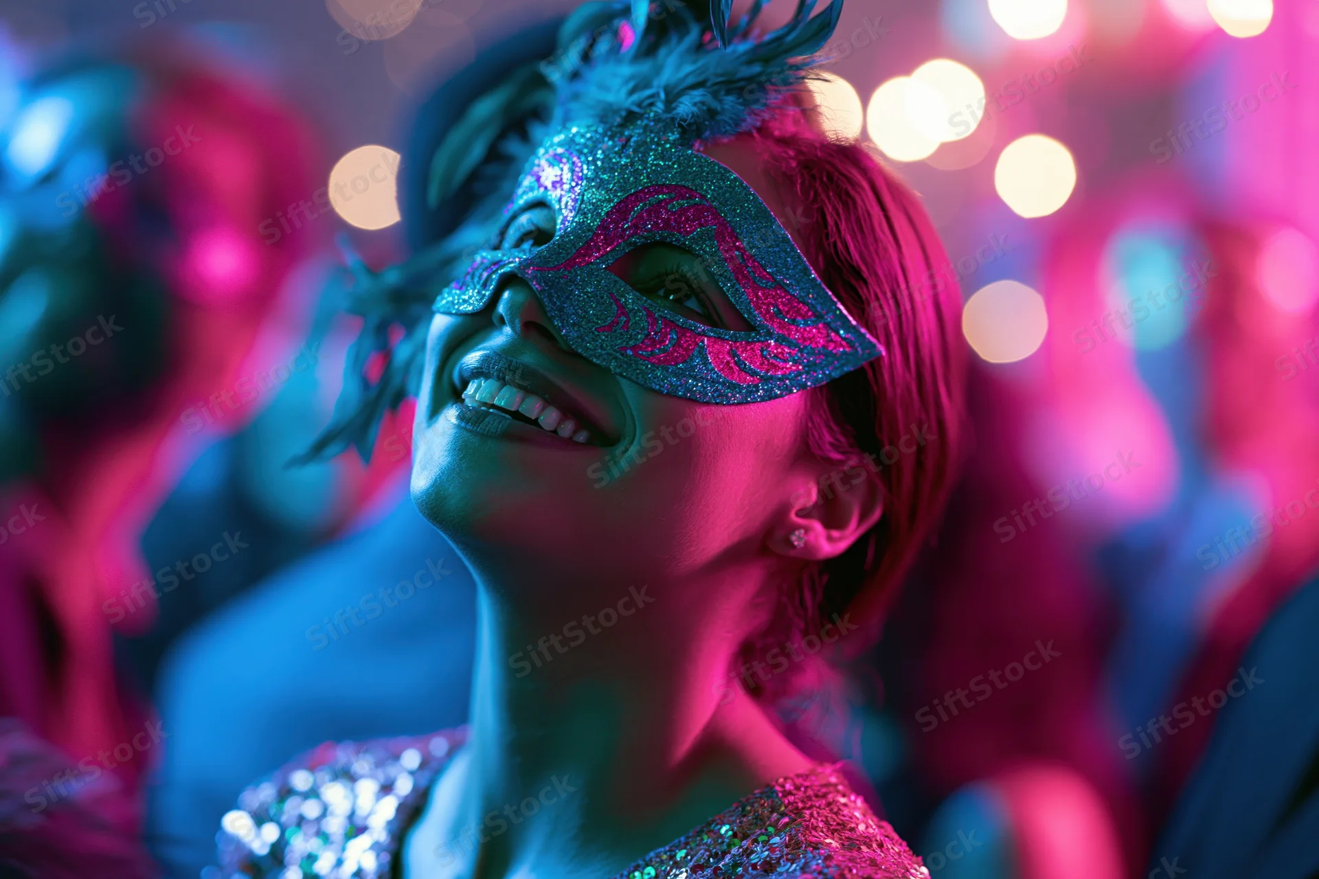 Woman wearing glittery teal and pink masquerade mask smiling at party with colorful lights in background