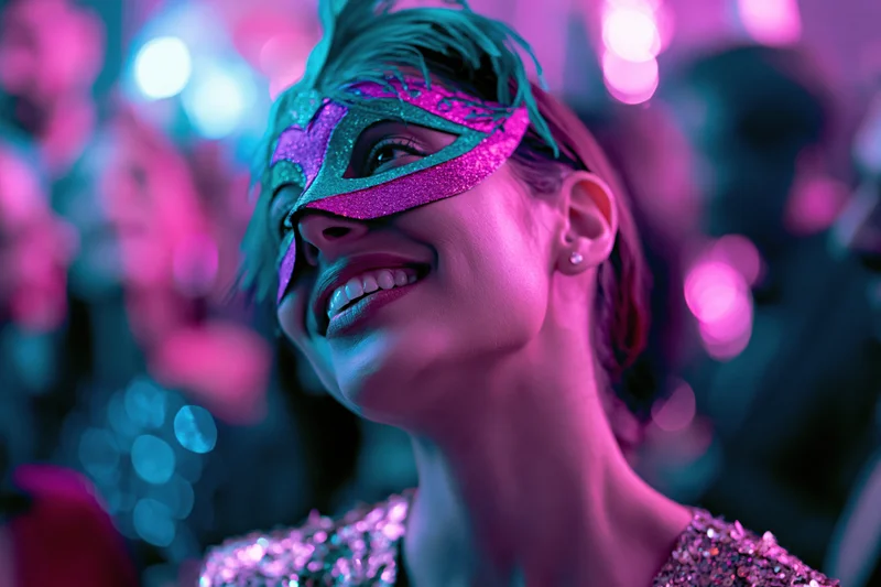 Woman wearing glittery teal and pink masquerade mask smiling at party