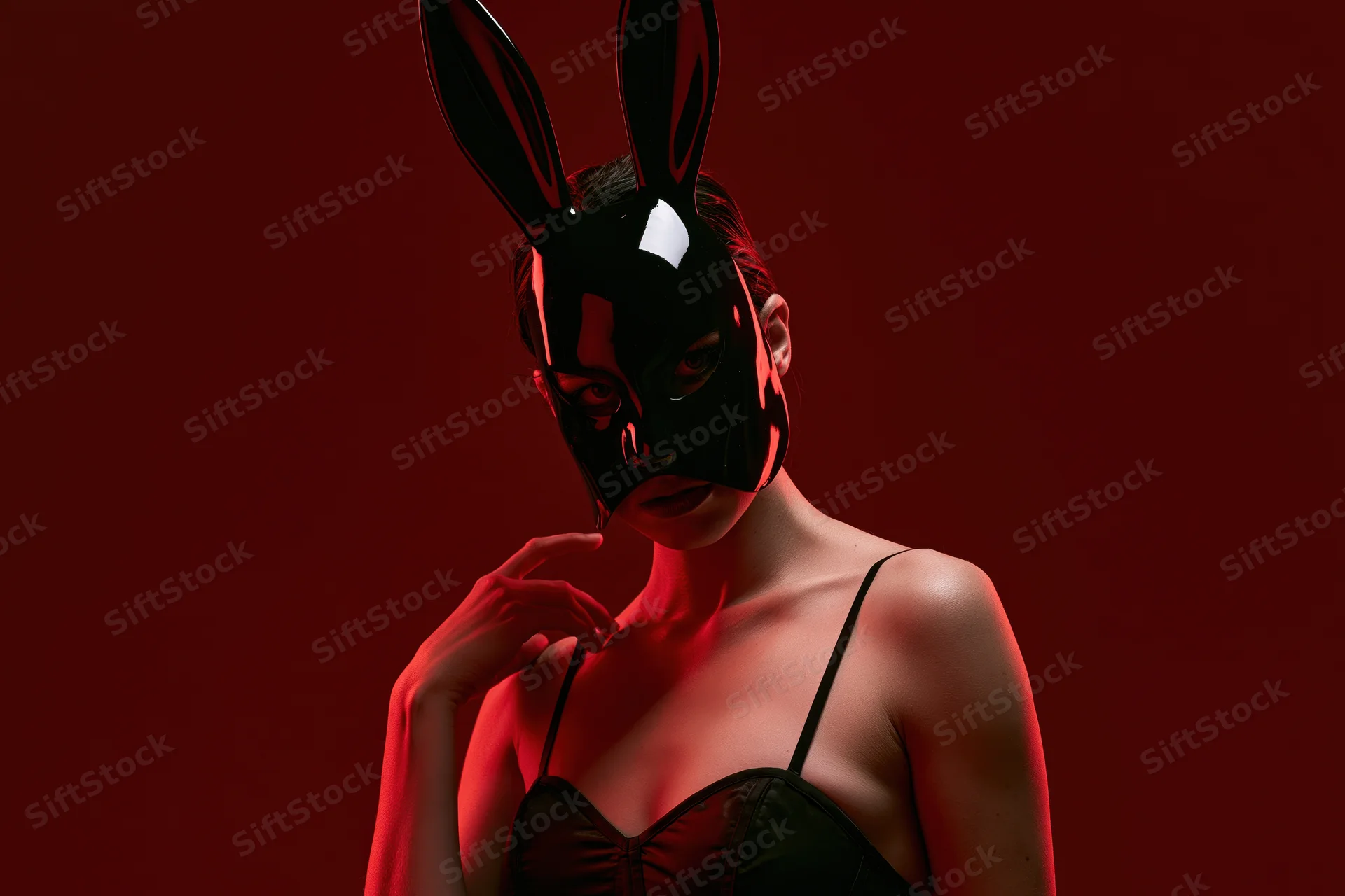 Woman wearing glossy black bunny mask posing in red light with hand near chin in studio setting
